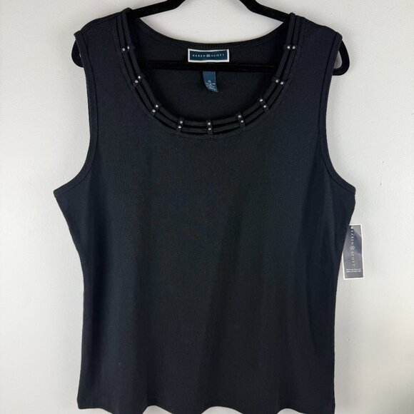 NWT KAREN SCOTT Tee - XL - Scoop Neck Embellished Front Black Sleeveless - Picture 1 of 10